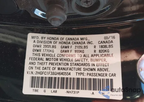 2016 Honda Civic Ex-T from USA, damaged, VIN 2HGFC1F38GH640554